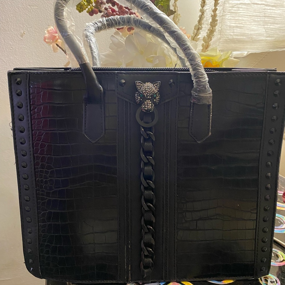 Black Croc-Embossed Tote with Chain and Studs